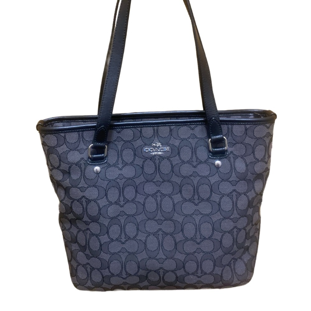 Coach Black Monogram Tote Bag with Leather Trim